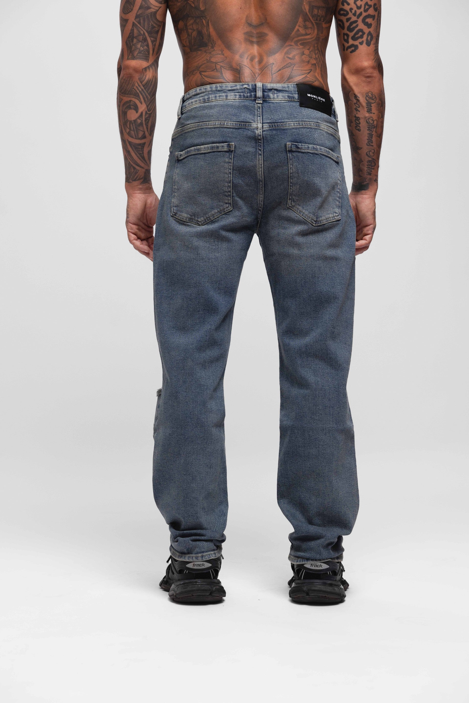 STRAIGHT FIT DENIM RIPPED STONE WASHED