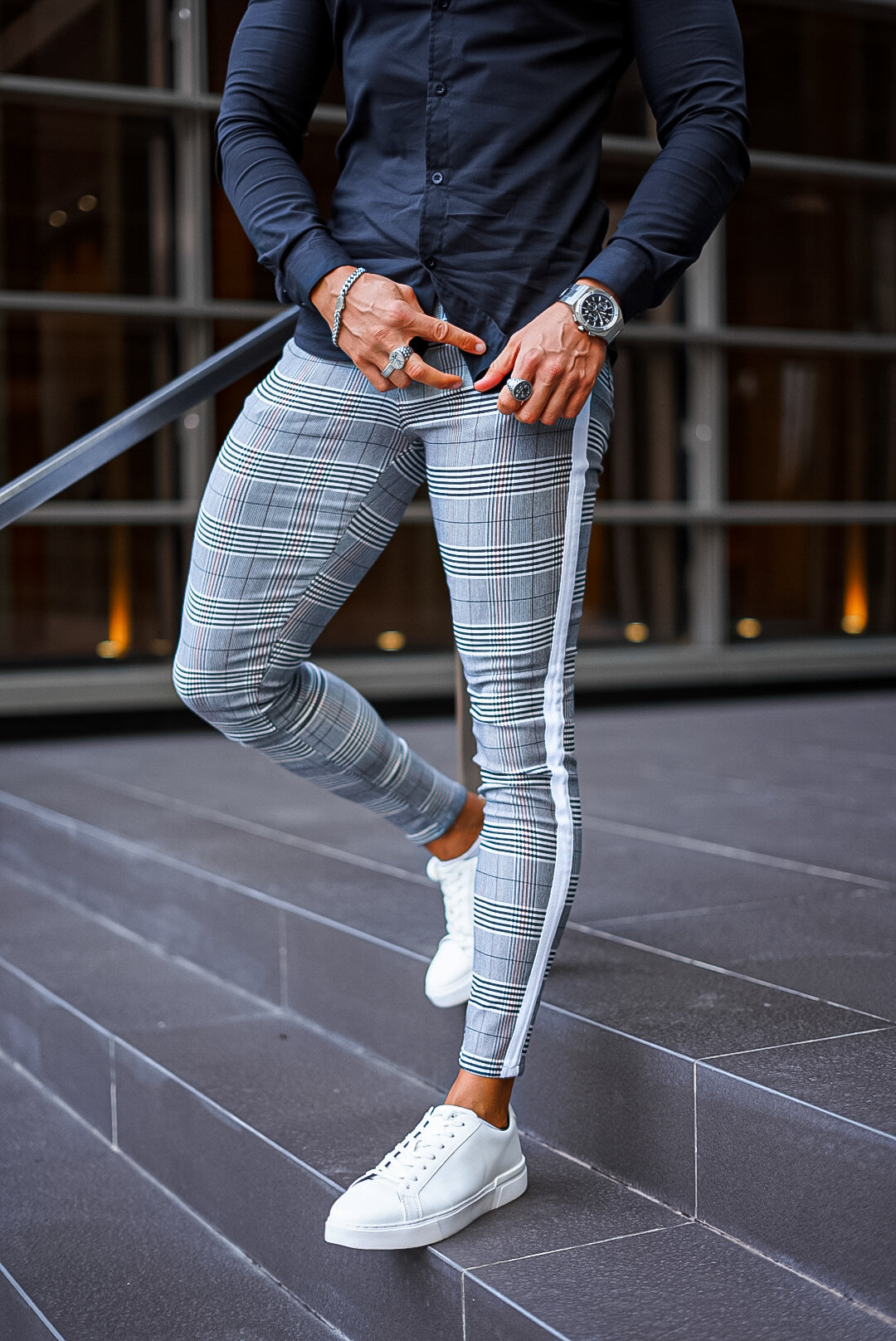 Grey Stretch Pants – White Stripe