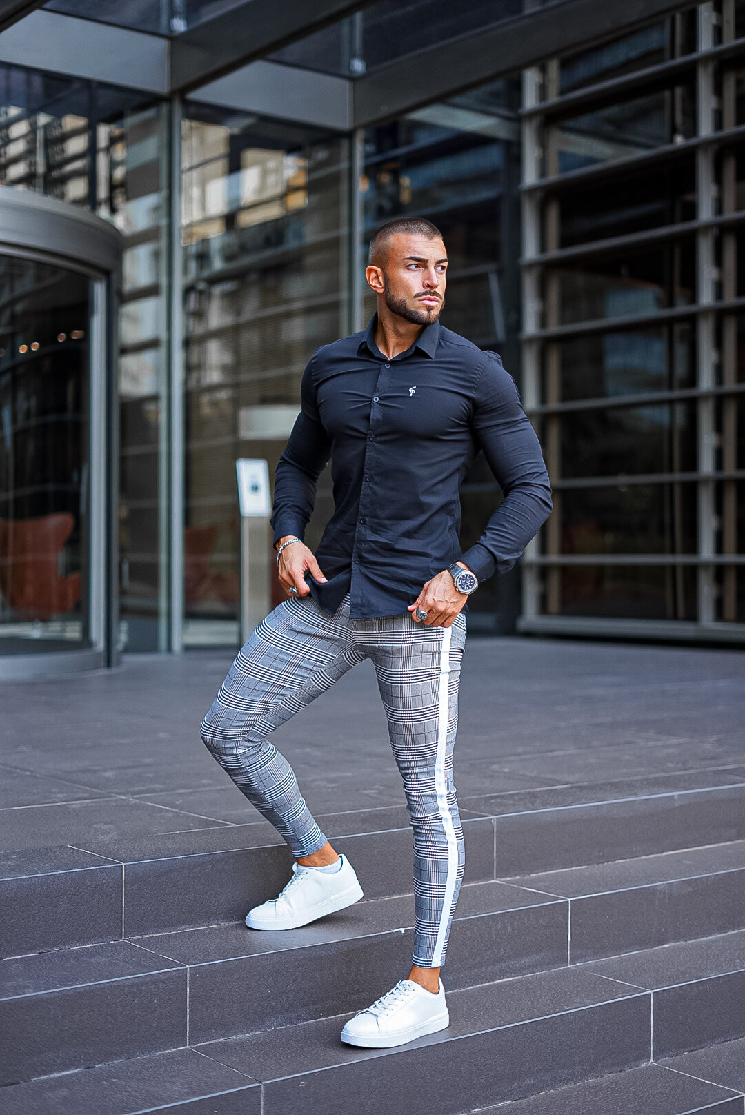 Grey Stretch Pants – White Stripe