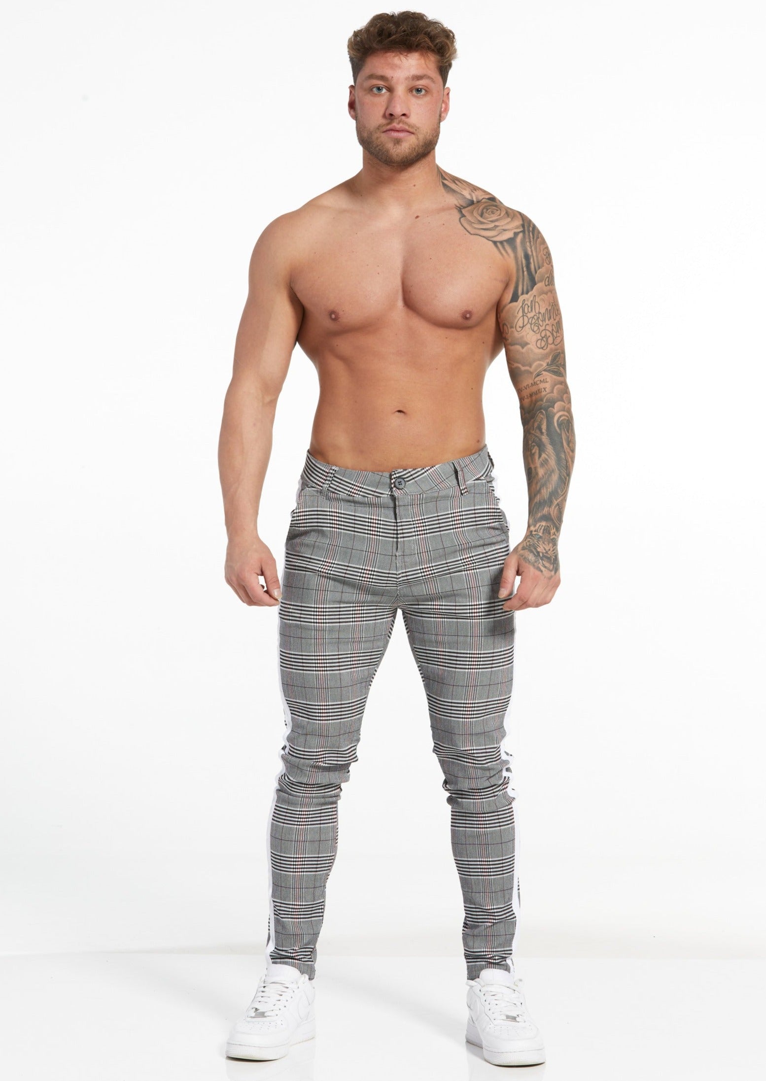 Grey Stretch Pants – White Stripe